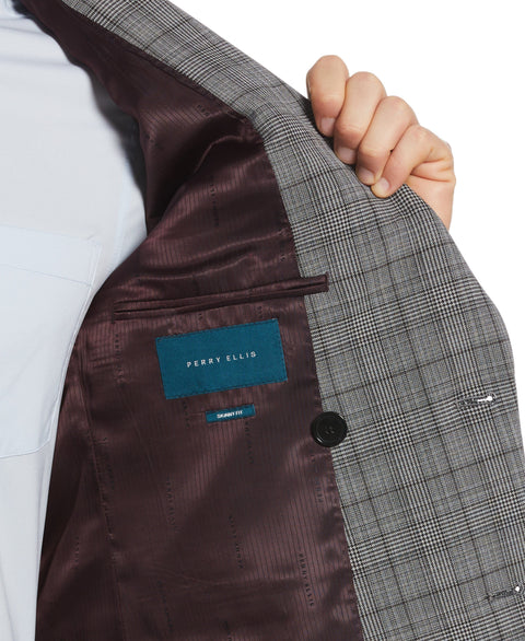 Skinny Fit Double Breasted Notch Collar Plaid Suit Jacket (Lt Grey/Black) 