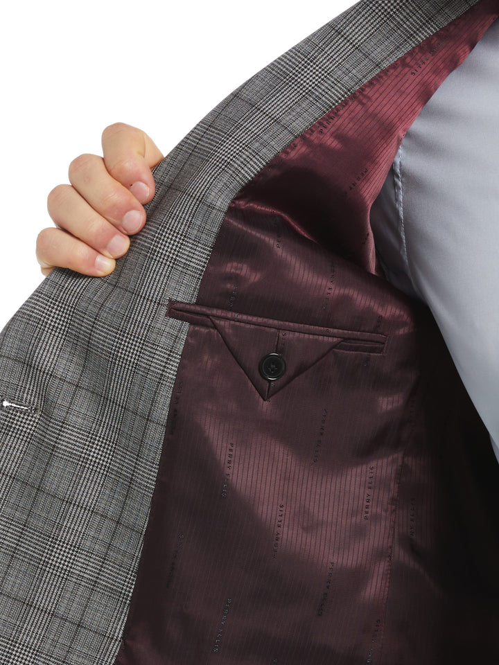 Skinny Fit Double Breasted Notch Collar Plaid Suit Jacket (Lt Grey/Black) 