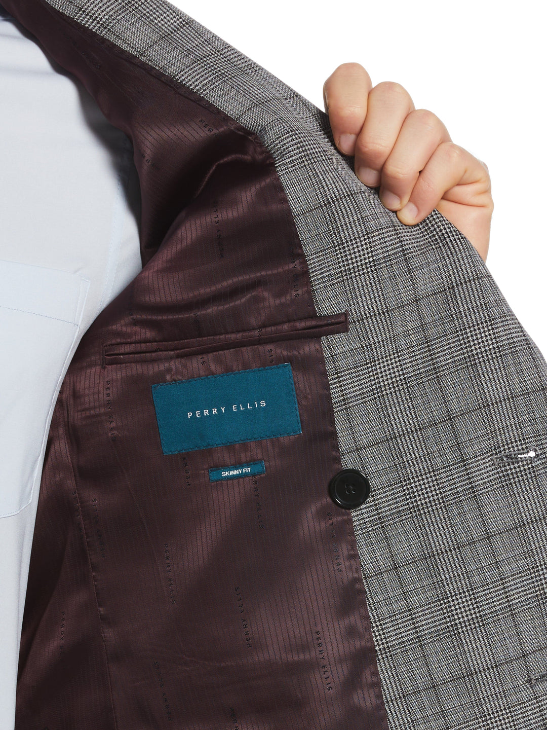 Skinny Fit Double Breasted Notch Collar Plaid Suit Jacket (Lt Grey/Black) 