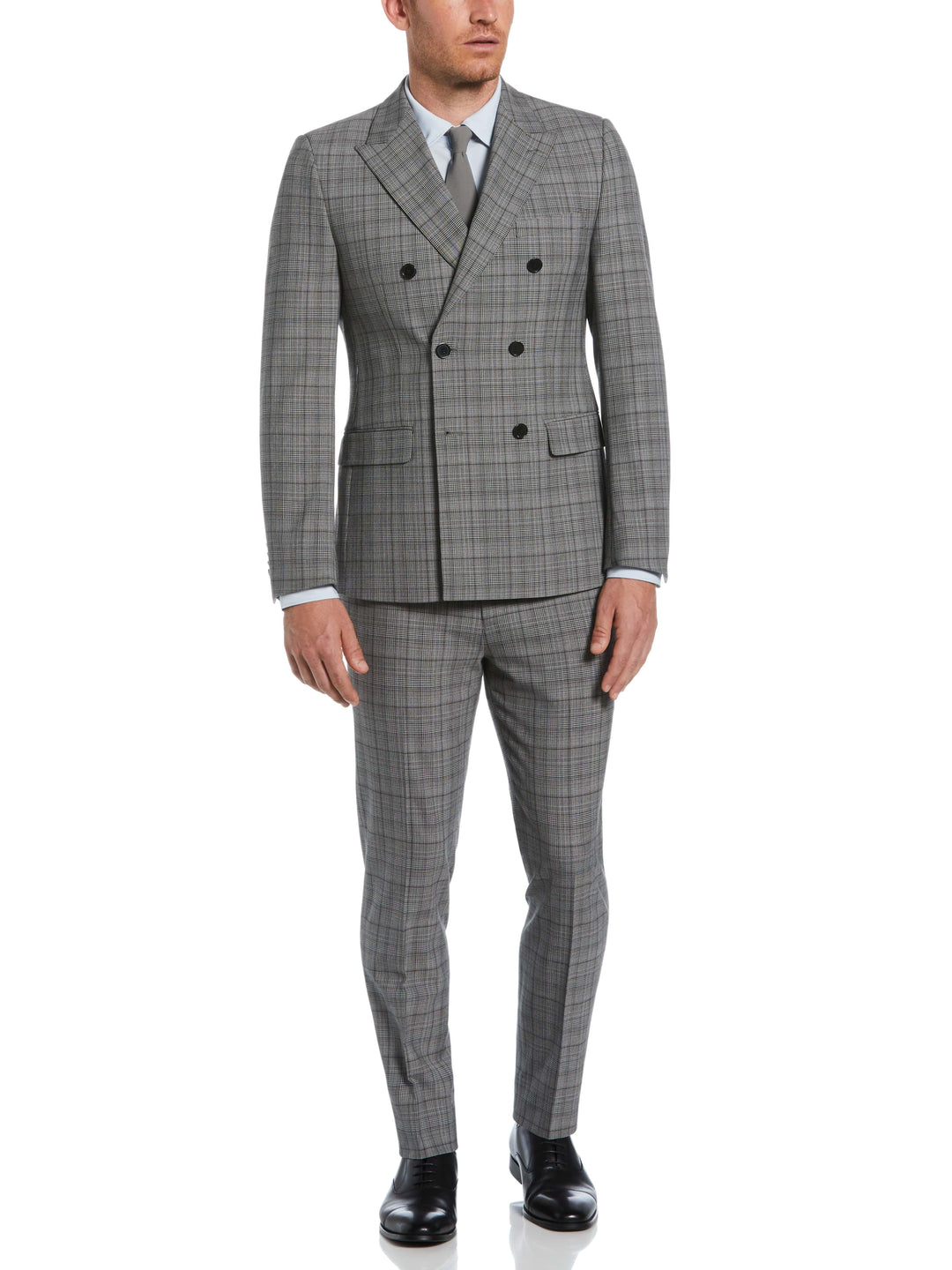 Skinny Fit Double Breasted Notch Collar Plaid Suit Jacket (Lt Grey/Black) 