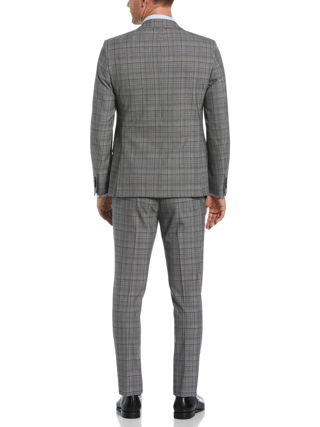 Skinny Fit Double Breasted Notch Collar Plaid Suit Jacket (Lt Grey/Black) 