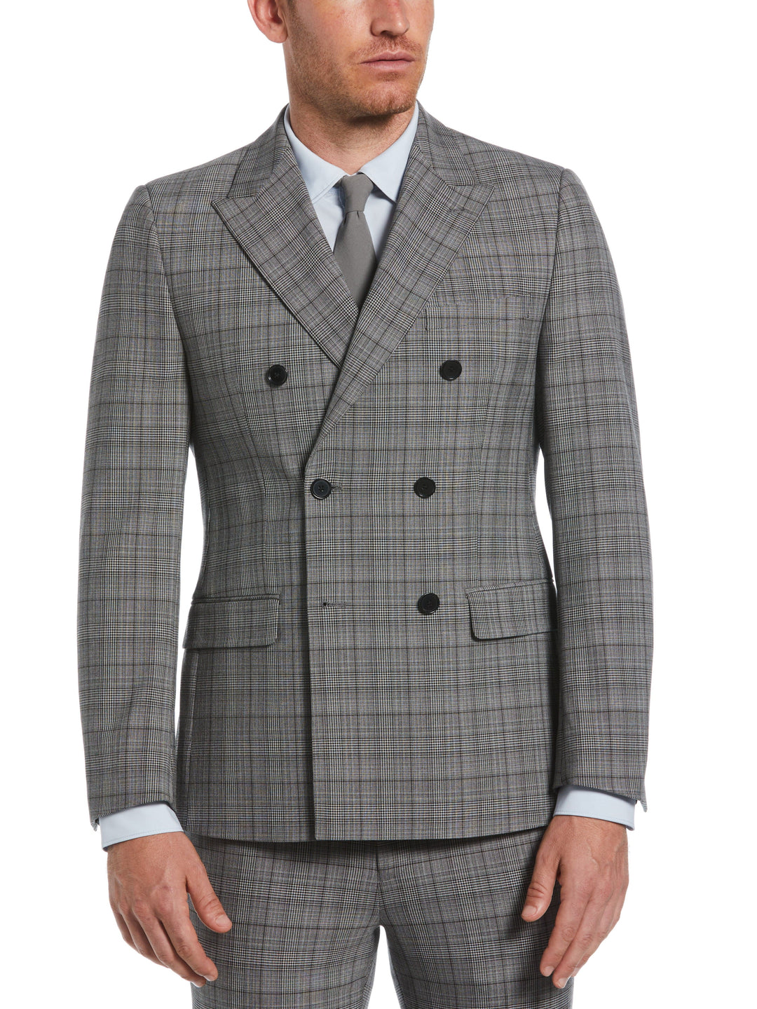Skinny Fit Double Breasted Notch Collar Plaid Suit Jacket (Lt Grey/Black) 