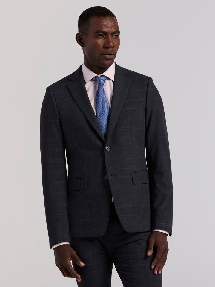 Skinny Navy Plaid Suit Jacket (Navy) 