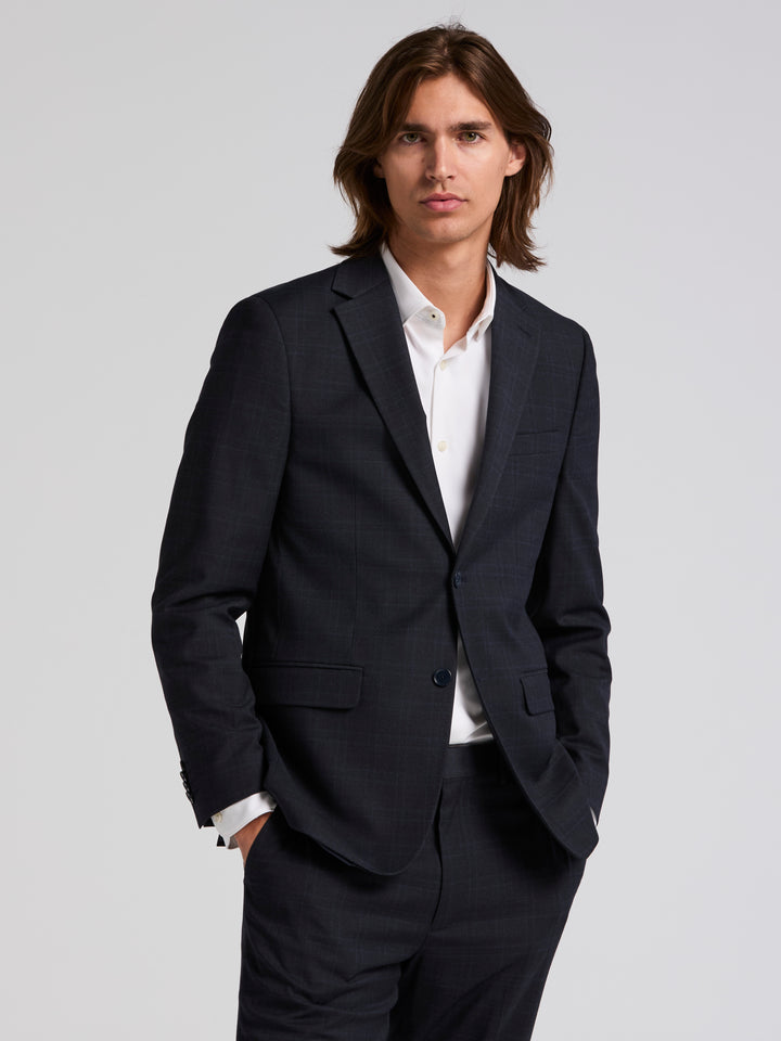 Skinny Fit Tonal Plaid Jacket (Navy) 