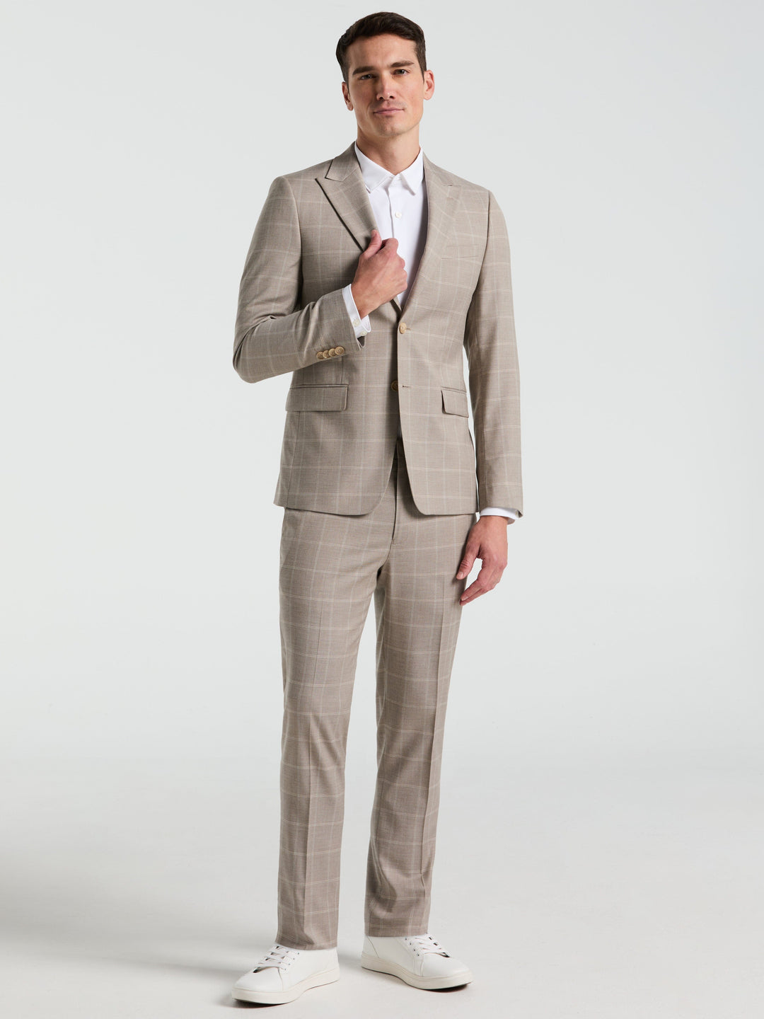 Skinny Fit Windowpane Pattern Suit Jacket (Tan) 