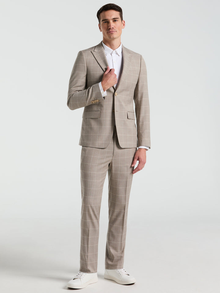 Skinny Fit Windowpane Pattern Suit Jacket (Tan) 