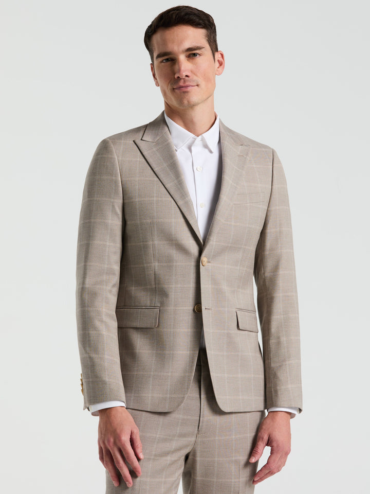 Skinny Fit Windowpane Pattern Suit Jacket (Tan) 