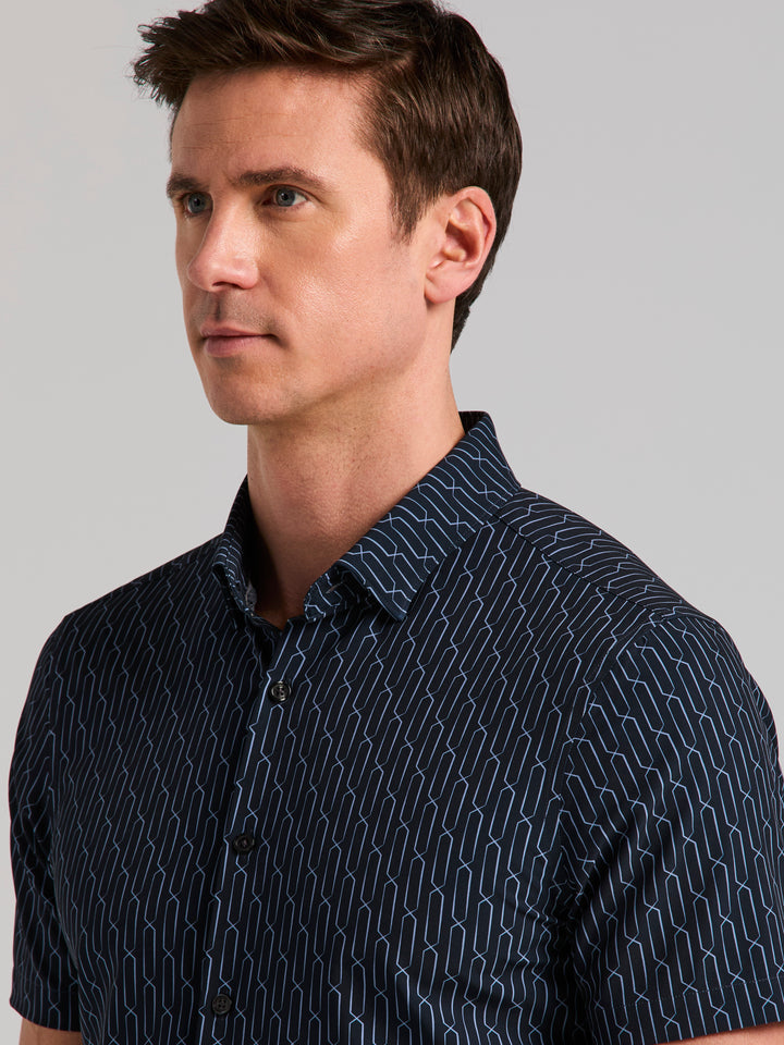 Short Sleeve Small Abstract Square Print Shirt (Dark Sapphire) 