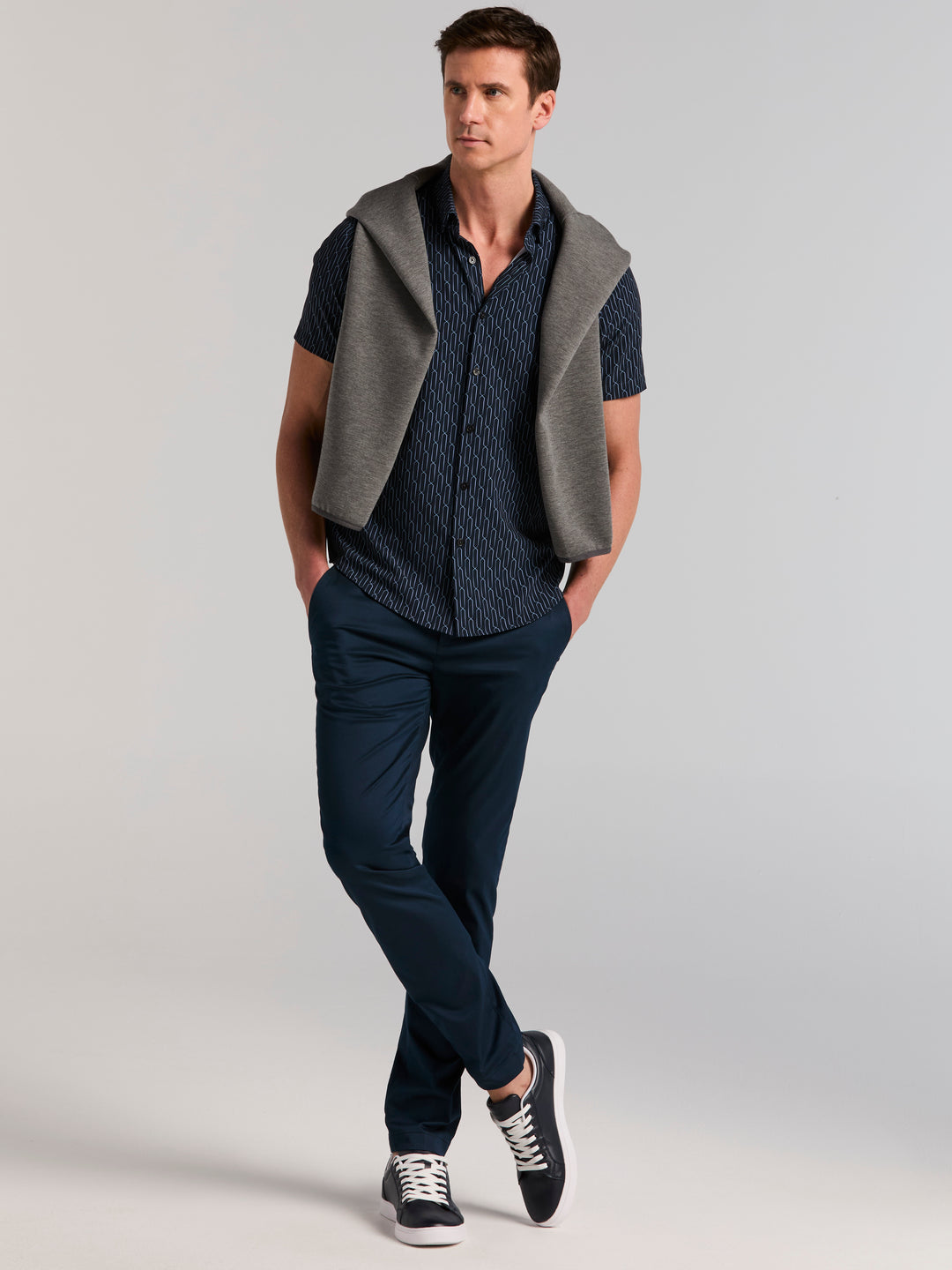 Short Sleeve Small Abstract Square Print Shirt (Dark Sapphire) 