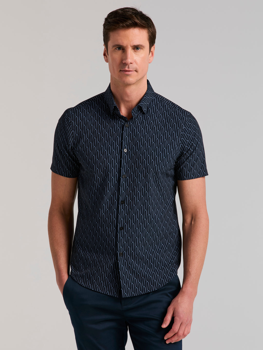 Short Sleeve Small Abstract Square Print Shirt (Dark Sapphire) 