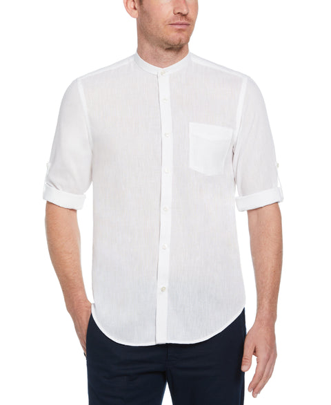 Linen-Look Band Collar Shirt (Bright White) 