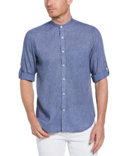 Linen-Look Band Collar Shirt (Navy) 