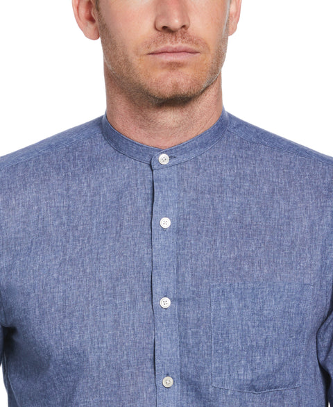 Linen-Look Band Collar Shirt (Navy) 