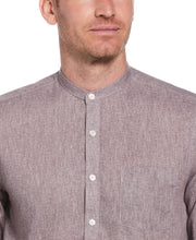 Linen-Look Band Collar Shirt (Brown) 