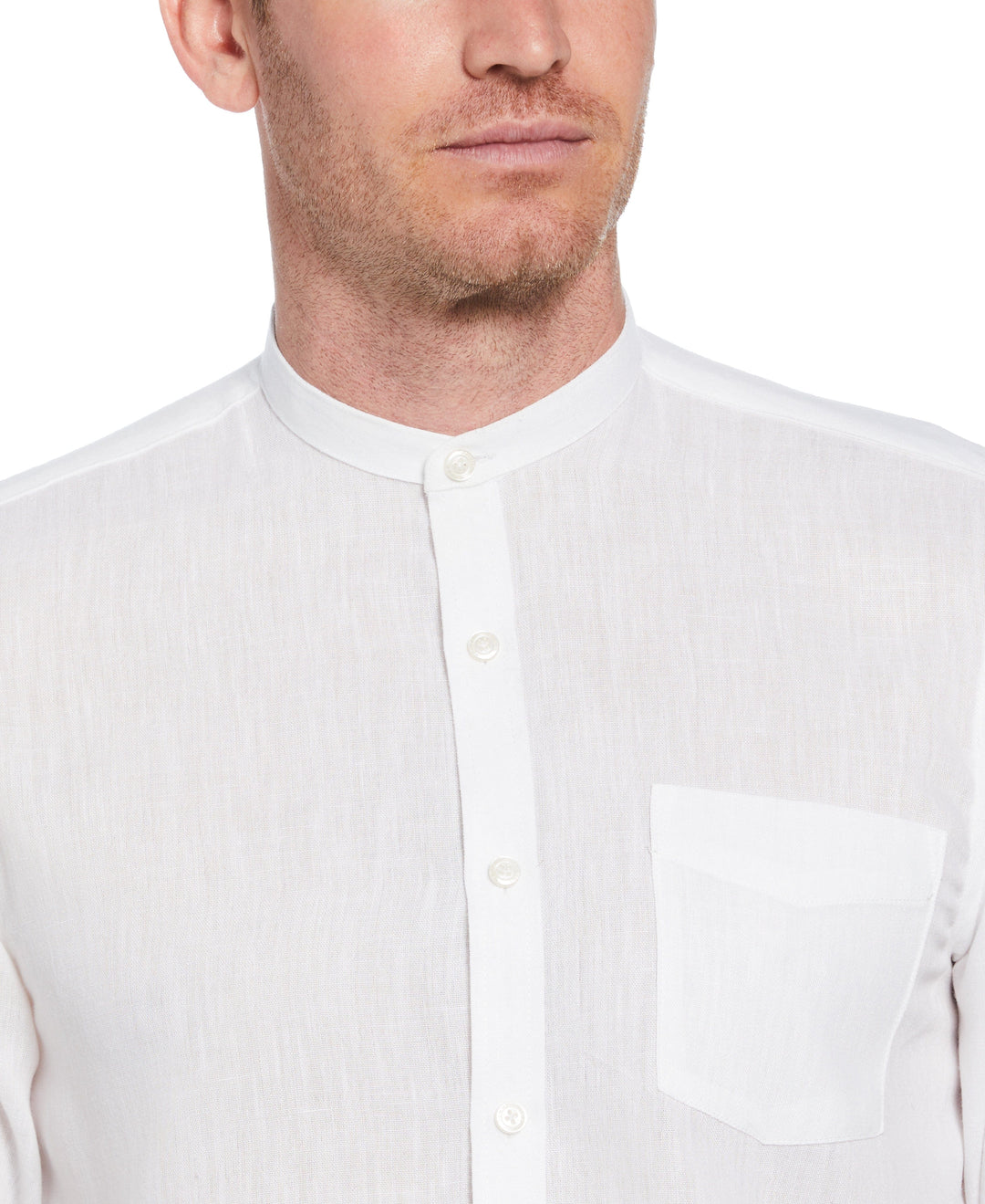 Linen-Look Band Collar Shirt (Bright White) 