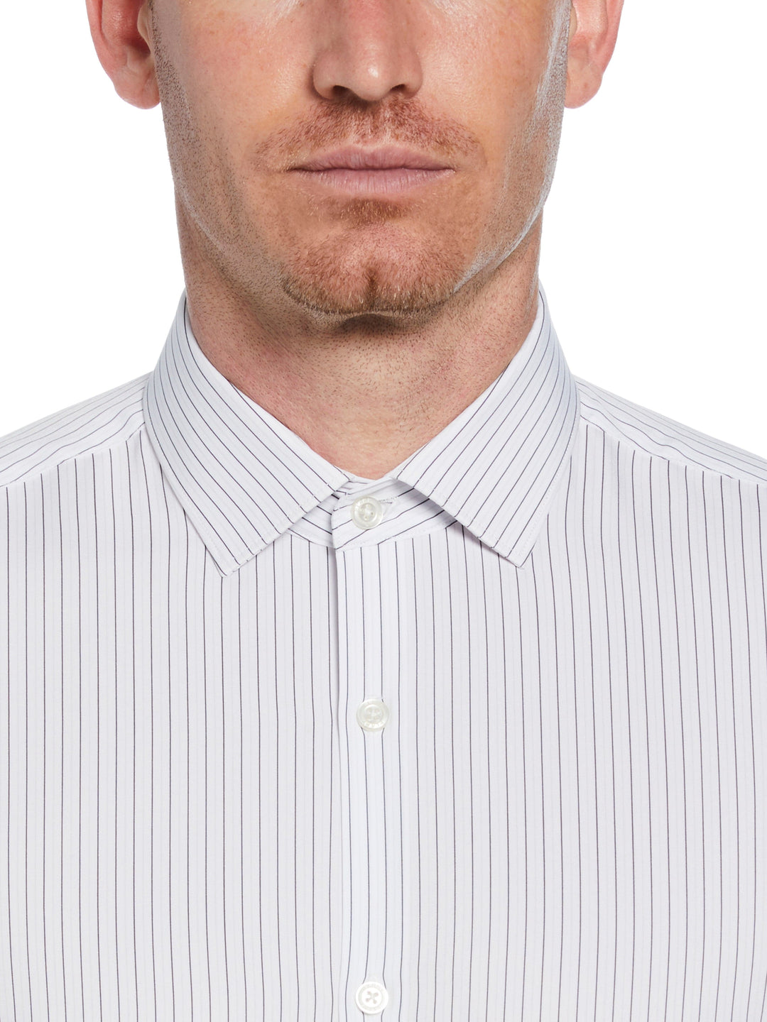 Perry Ellis Outlet Men's Slim Fit Button-Down Stretch Stripe Dress Shirt in White, Size 18.0, Polyester/Spandex Long Sleeves