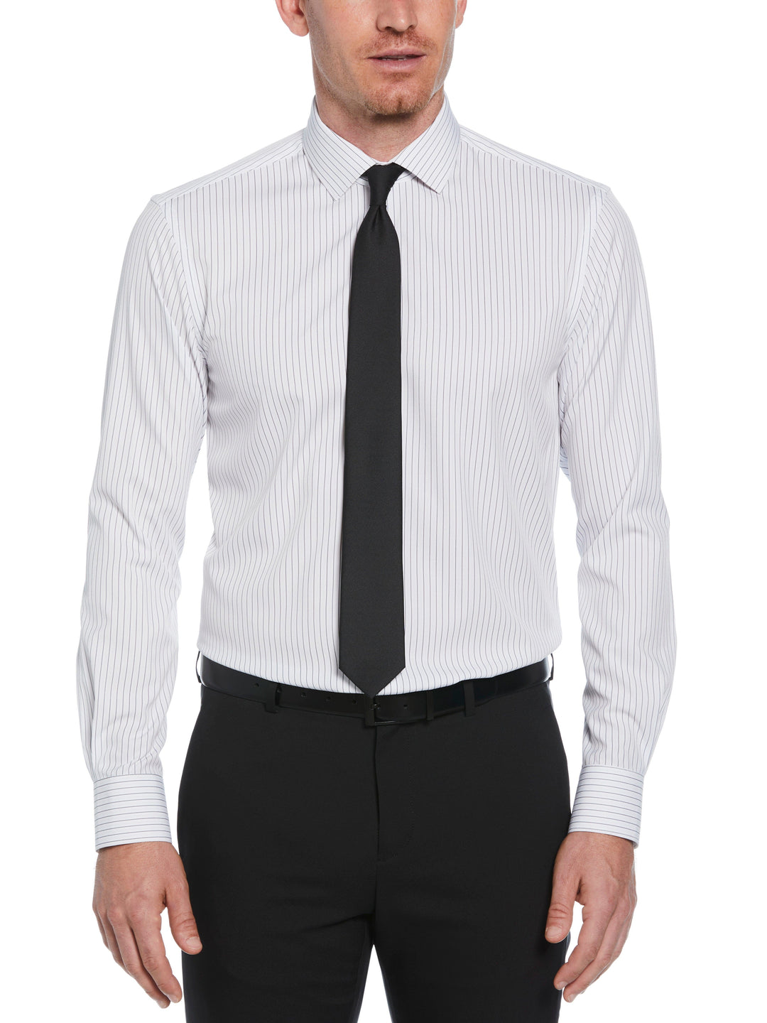 Perry Ellis Outlet Men's Slim Fit Button-Down Stretch Stripe Dress Shirt in White, Size 18.0, Polyester/Spandex Long Sleeves