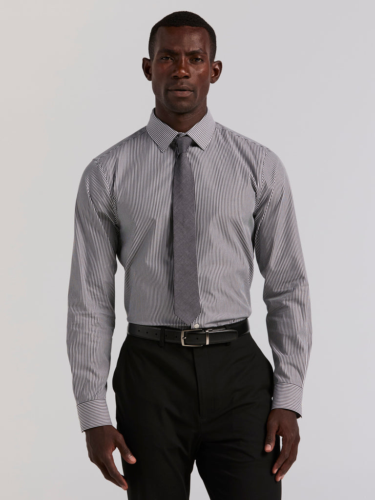 Perry Ellis Outlet Men's Slim Fit Cotton Stretch Bengal Stripe Dress Shirt in Black, Size 18.0, Cotton/Elastane Long Sleeves