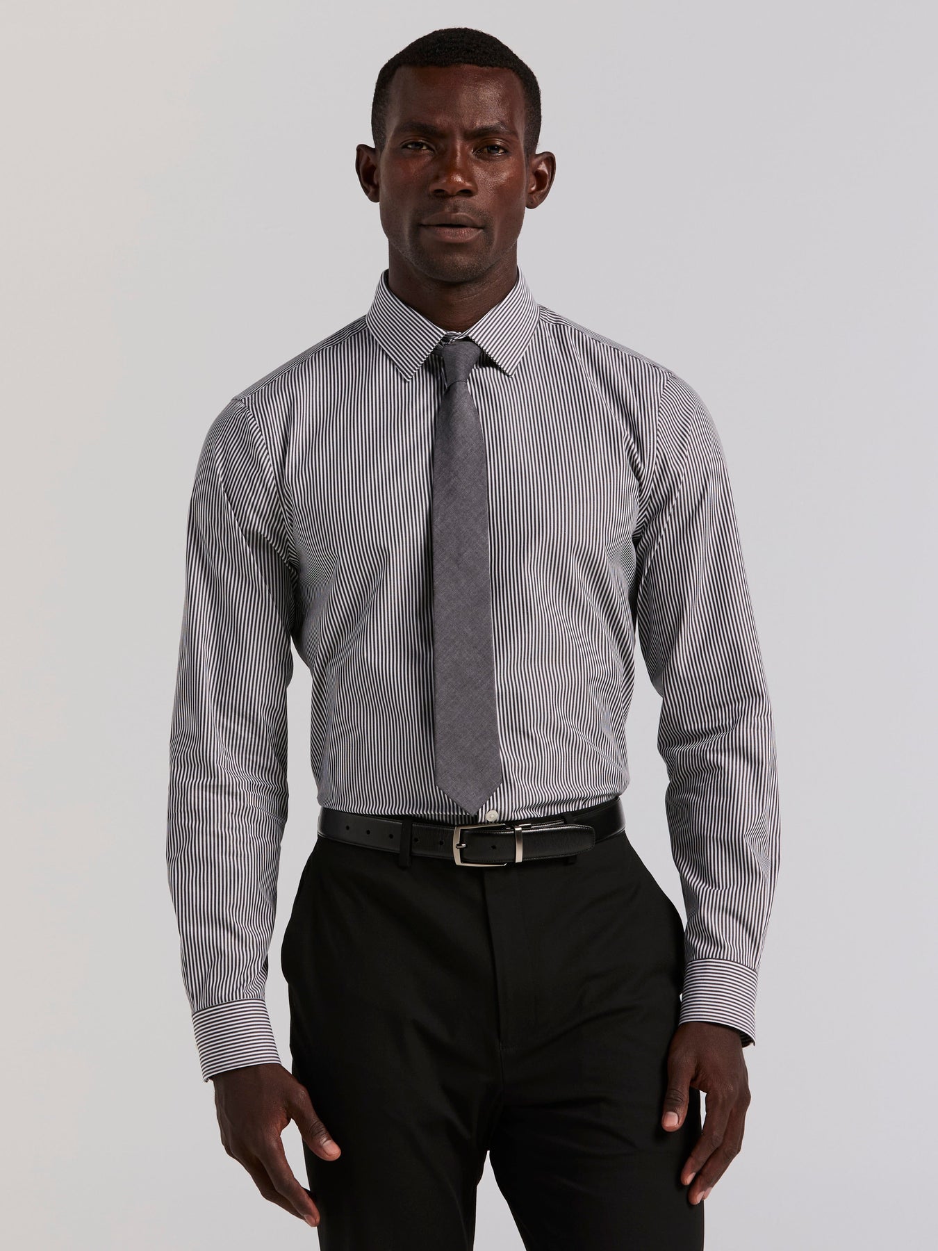 Perry Ellis Men's Slim Fit Cotton Stretch Bengal Stripe Dress Shirt in Black, Size 18.0, Cotton/Elastane Long Sleeves