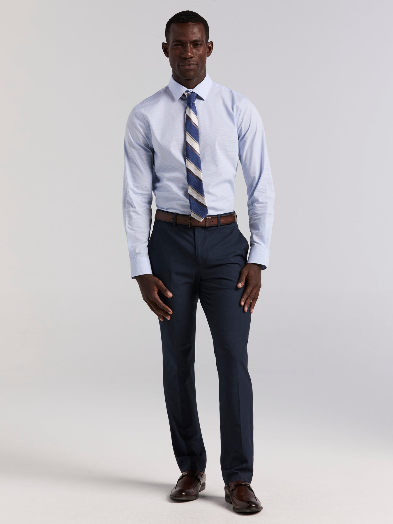 Perry Ellis Men's Slim Fit Cotton Stretch Mini Check Dress Shirt in Forever Blue, Size 17.5, Cotton/Elastane