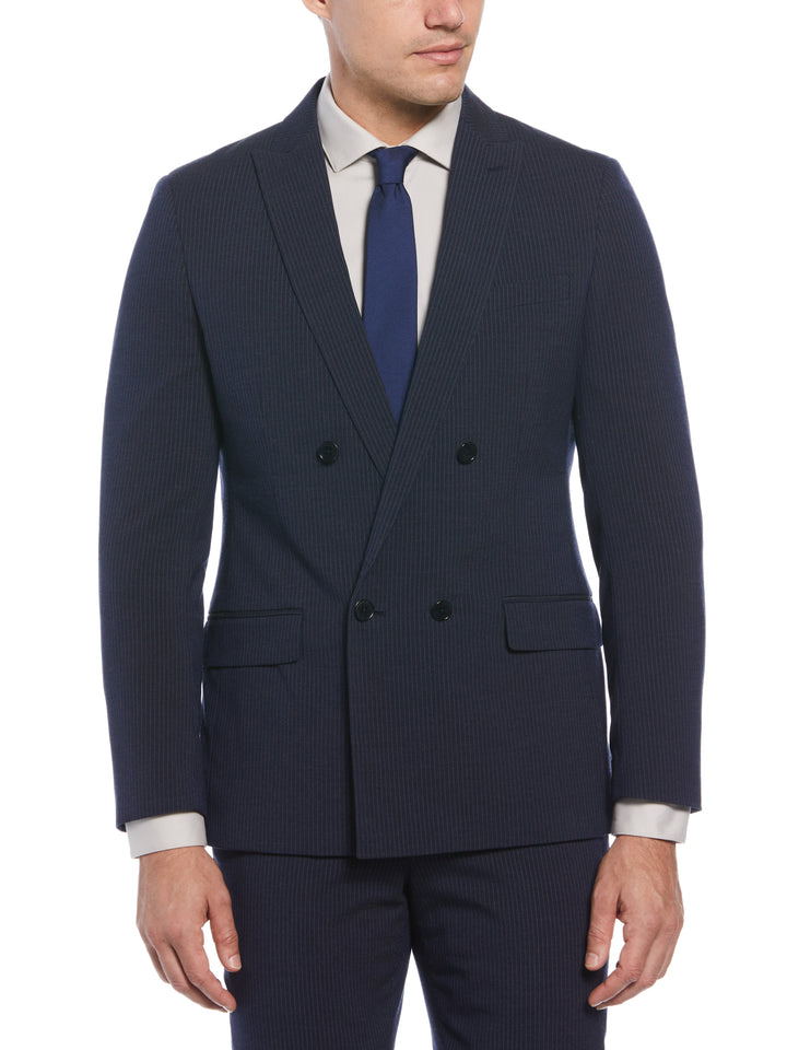 Slim Fit Double Breasted Pinstripe Suit Jacket (Navy) 