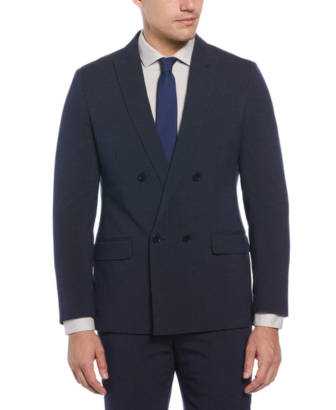 Slim Fit Double Breasted Pinstripe Suit Jacket (Navy) 