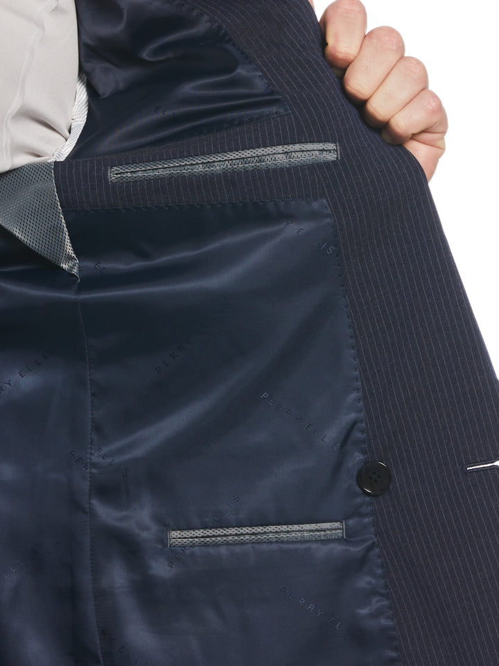 Slim Fit Double Breasted Pinstripe Suit Jacket (Navy) 
