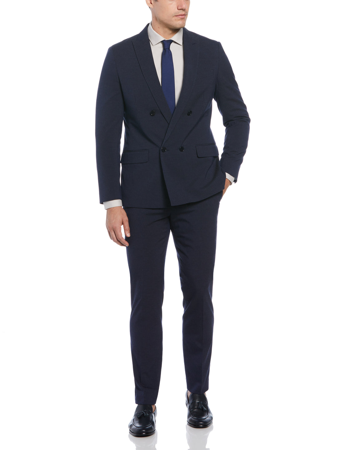 Slim Fit Double Breasted Pinstripe Suit Jacket (Navy) 