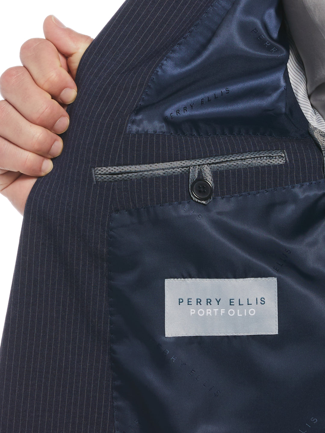 Slim Fit Double Breasted Pinstripe Suit Jacket (Navy) 
