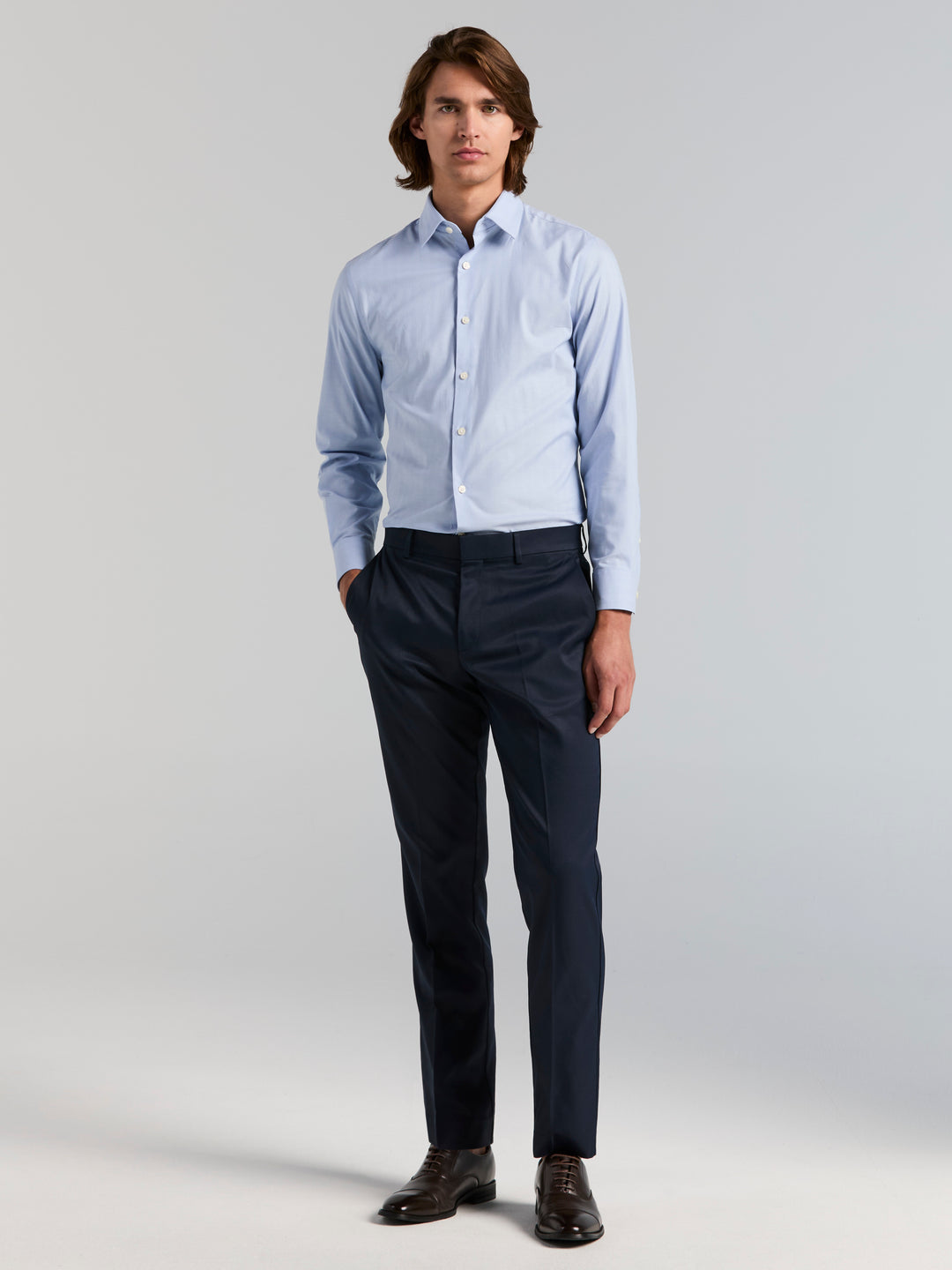 Cotton Herringbone Slim Fit Long Sleeve Dress Shirt (Bel Air Blue) 
