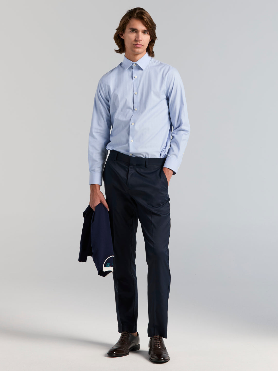 Cotton Herringbone Slim Fit Long Sleeve Dress Shirt (Bel Air Blue) 