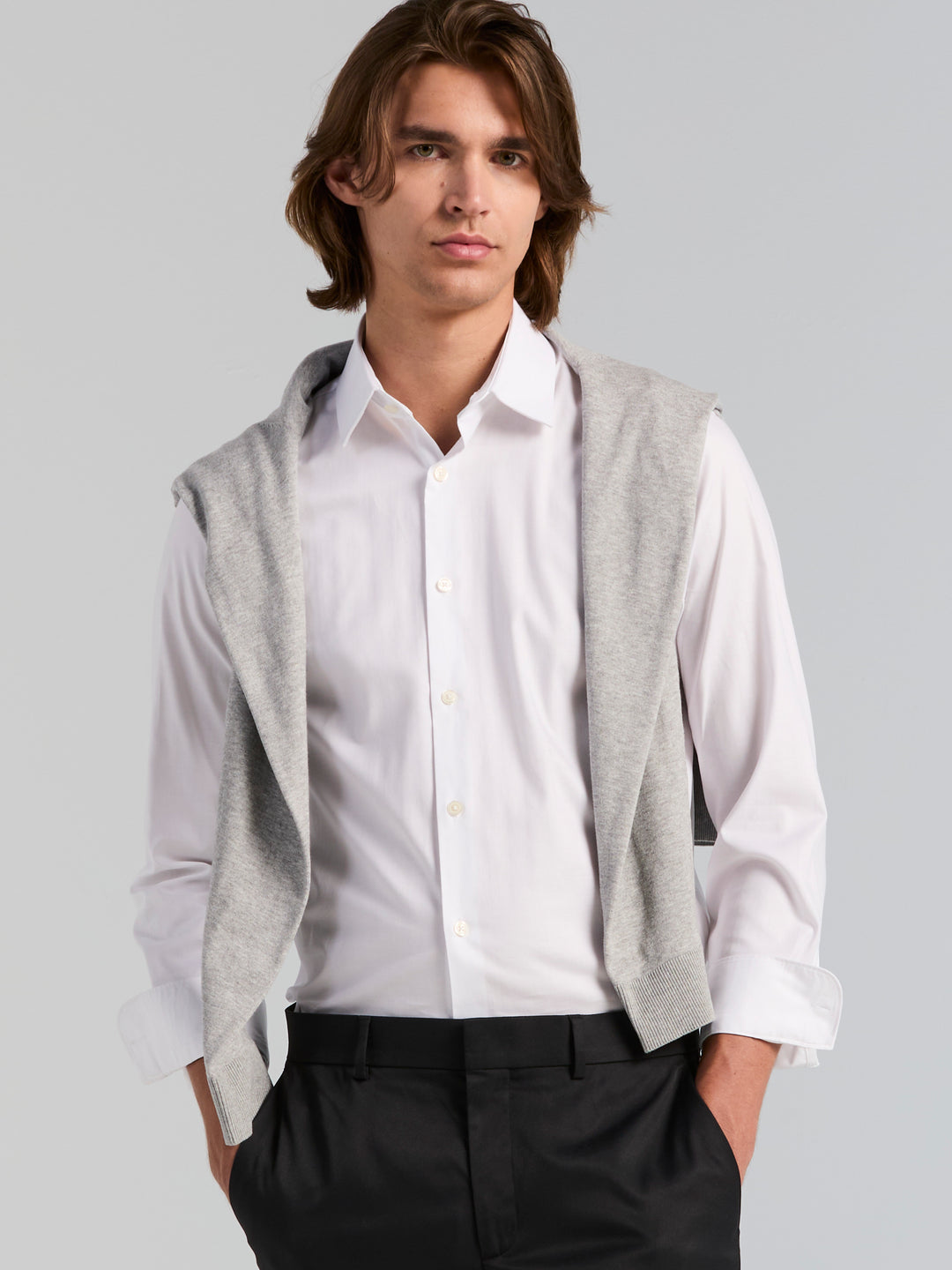Cotton Herringbone Slim Fit Long Sleeve Dress Shirt (Bright White) 