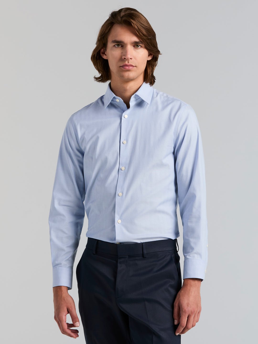 Cotton Herringbone Slim Fit Long Sleeve Dress Shirt (Bel Air Blue) 