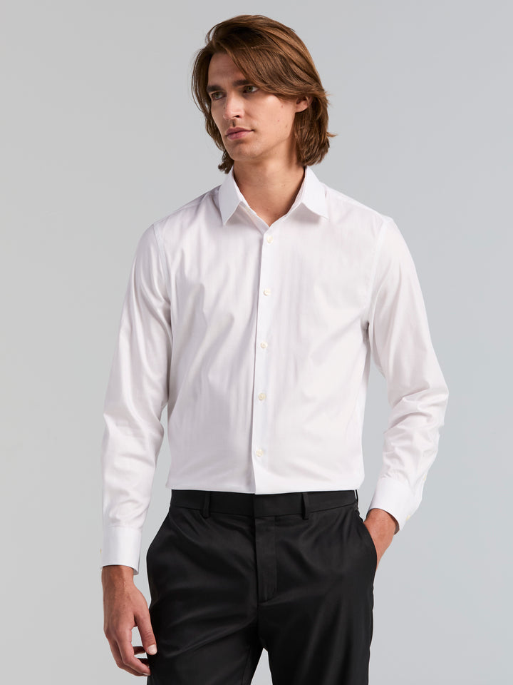 Cotton Herringbone Slim Fit Long Sleeve Dress Shirt (Bright White) 