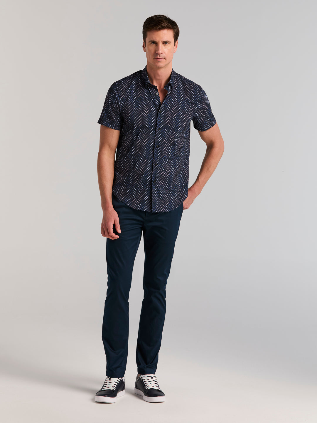 Slim Fit Plain weave Herringbone Square Print Shirt (Cadet) 