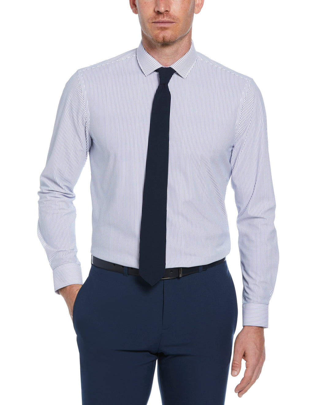 Knit Black and White Thin Stripe Shirt (White) 
