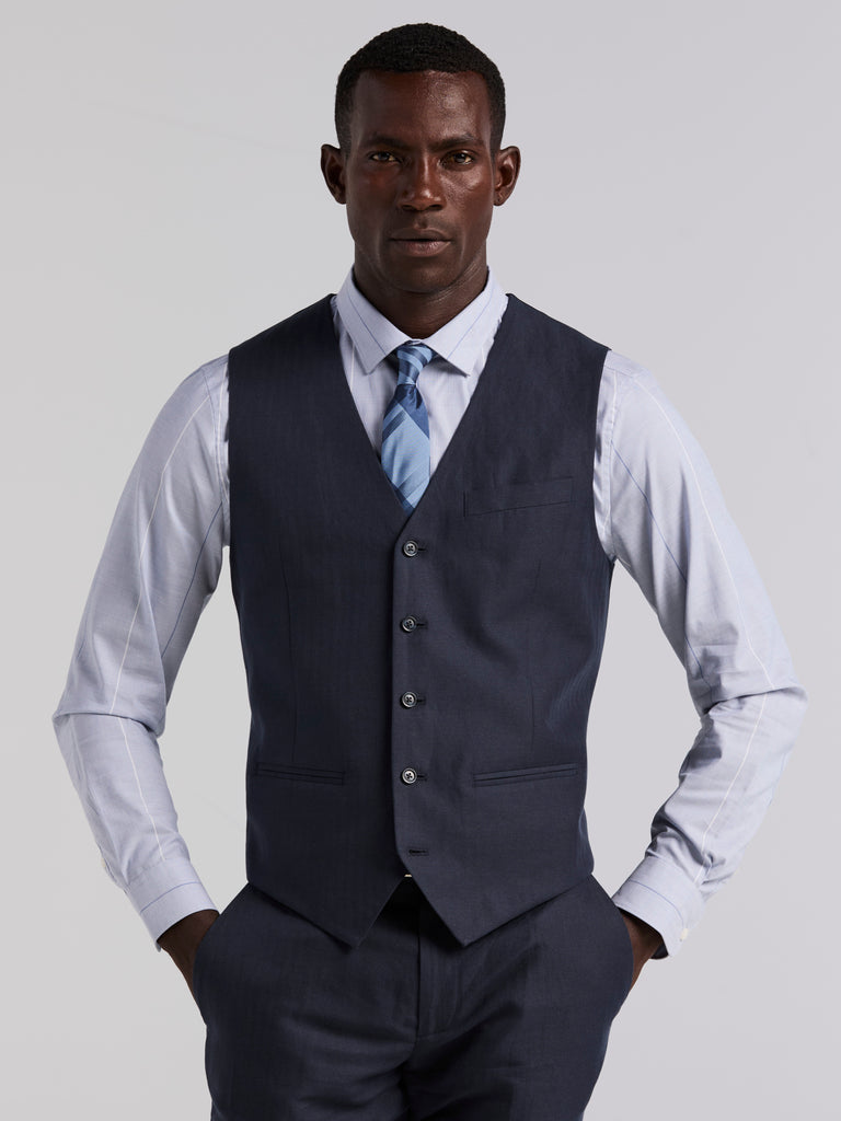 Perry Ellis Men's Slim Fit Linen Blend Herringbone Stretch Vest Jacket in Dark Sapphire/blue, Size Medium, Cotton, Regular