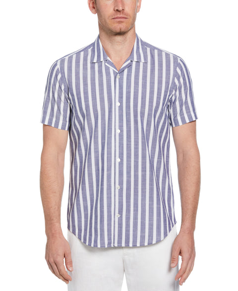 Linen-Like Thick Stripe Print Shirt (Navy) 