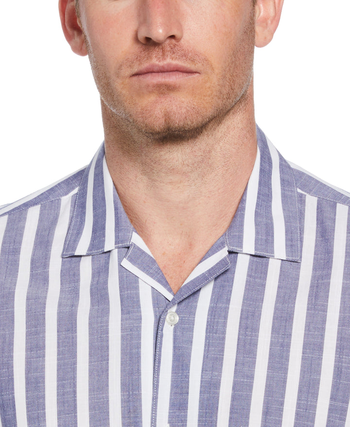 Linen-Like Thick Stripe Print Shirt (Navy) 