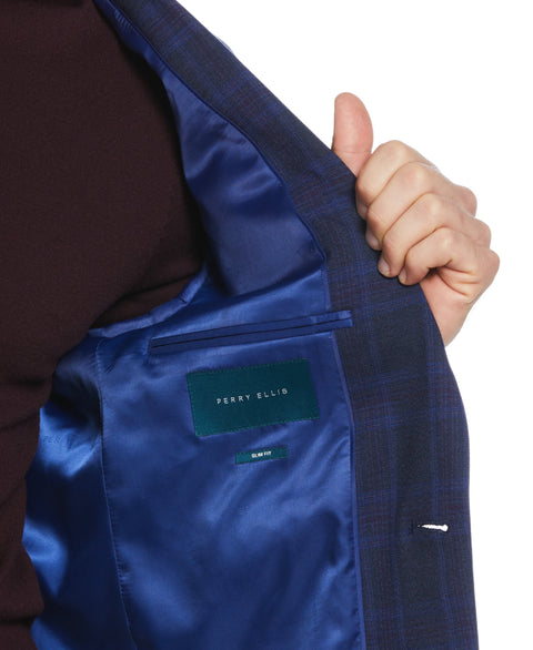 Slim Fit Notch Lapel Shadow Plaid Sport Coat (Blue) 