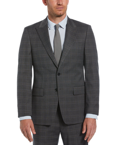 Slim Fit Peak Lapel Deco Plaid Suit Jacket (Grey/Brown) 