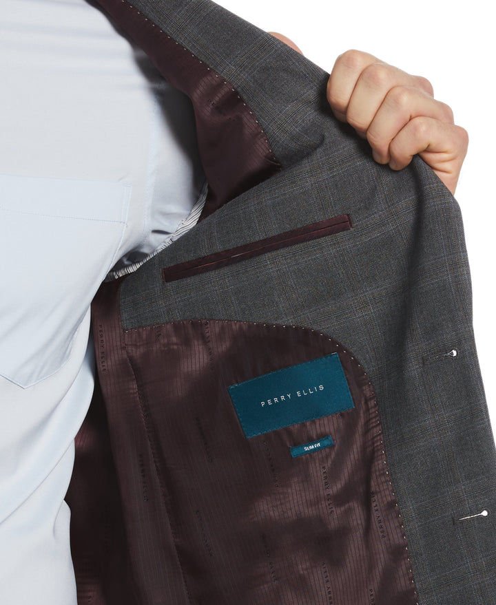 Slim Fit Peak Lapel Deco Plaid Suit Jacket (Grey/Brown) 