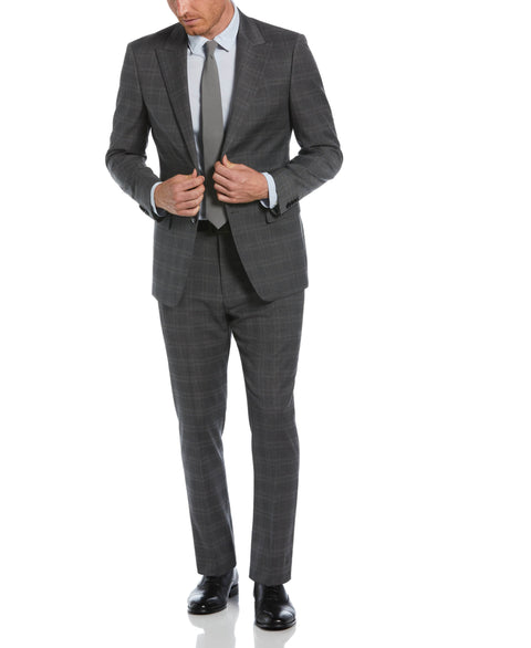 Slim Fit Peak Lapel Deco Plaid Suit Jacket (Grey/Brown) 
