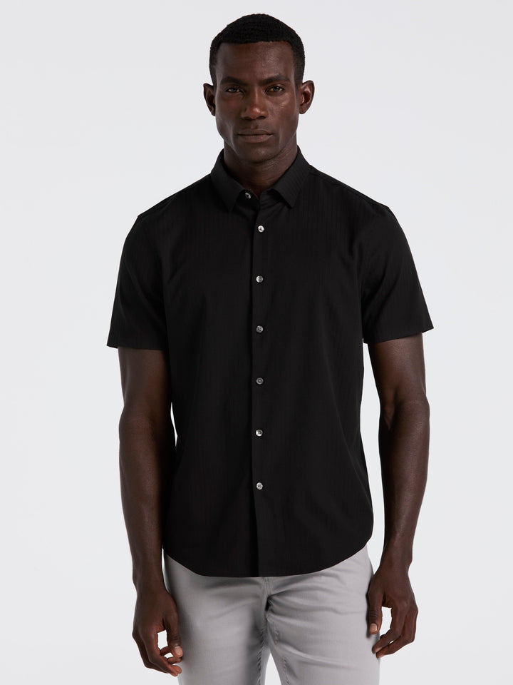 Slim Fit Ribbed Short Sleeve Shirt (Black) 