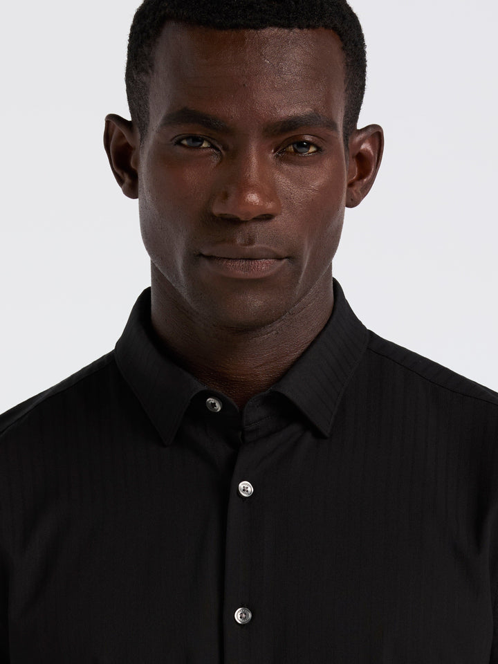 Slim Fit Ribbed Short Sleeve Shirt (Black) 