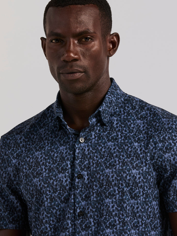 Slim Fit Short Sleeve Water Color Print Shirt (Dark Sapphire) 