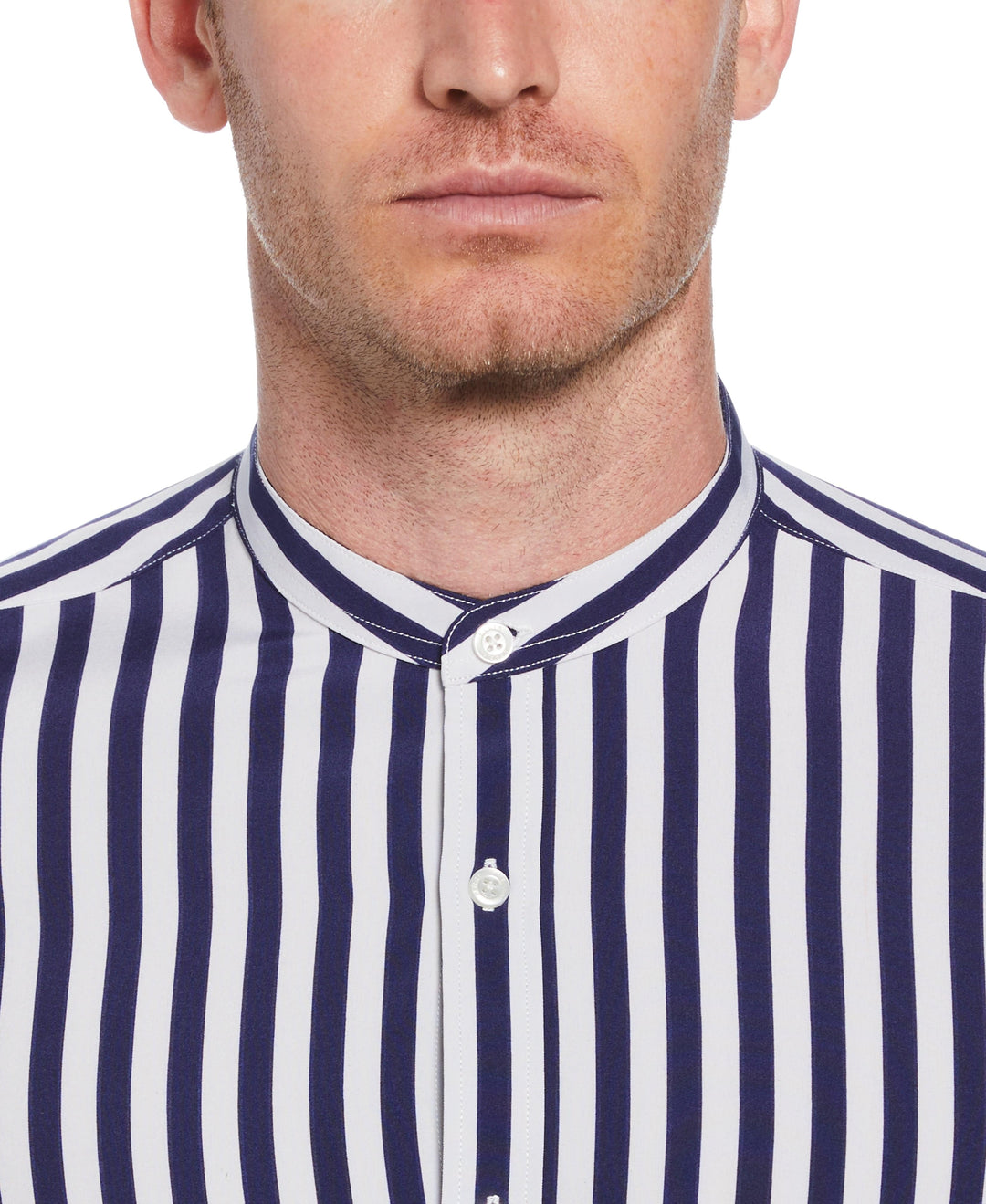 Single Stripe Band Collar Shirt (Navy) 