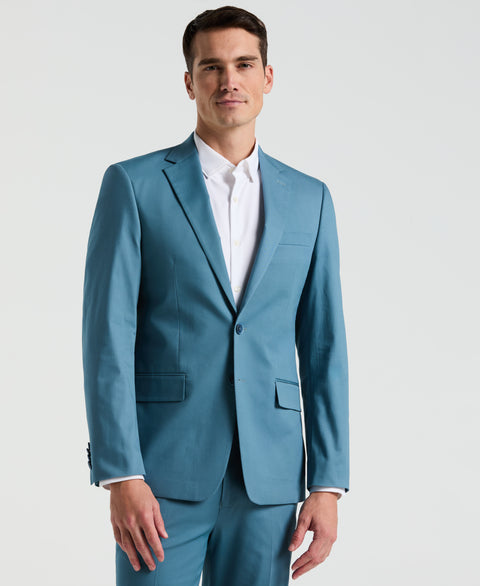Slim Fit Solid Cotton Blend Suit Jacket (Teal) 