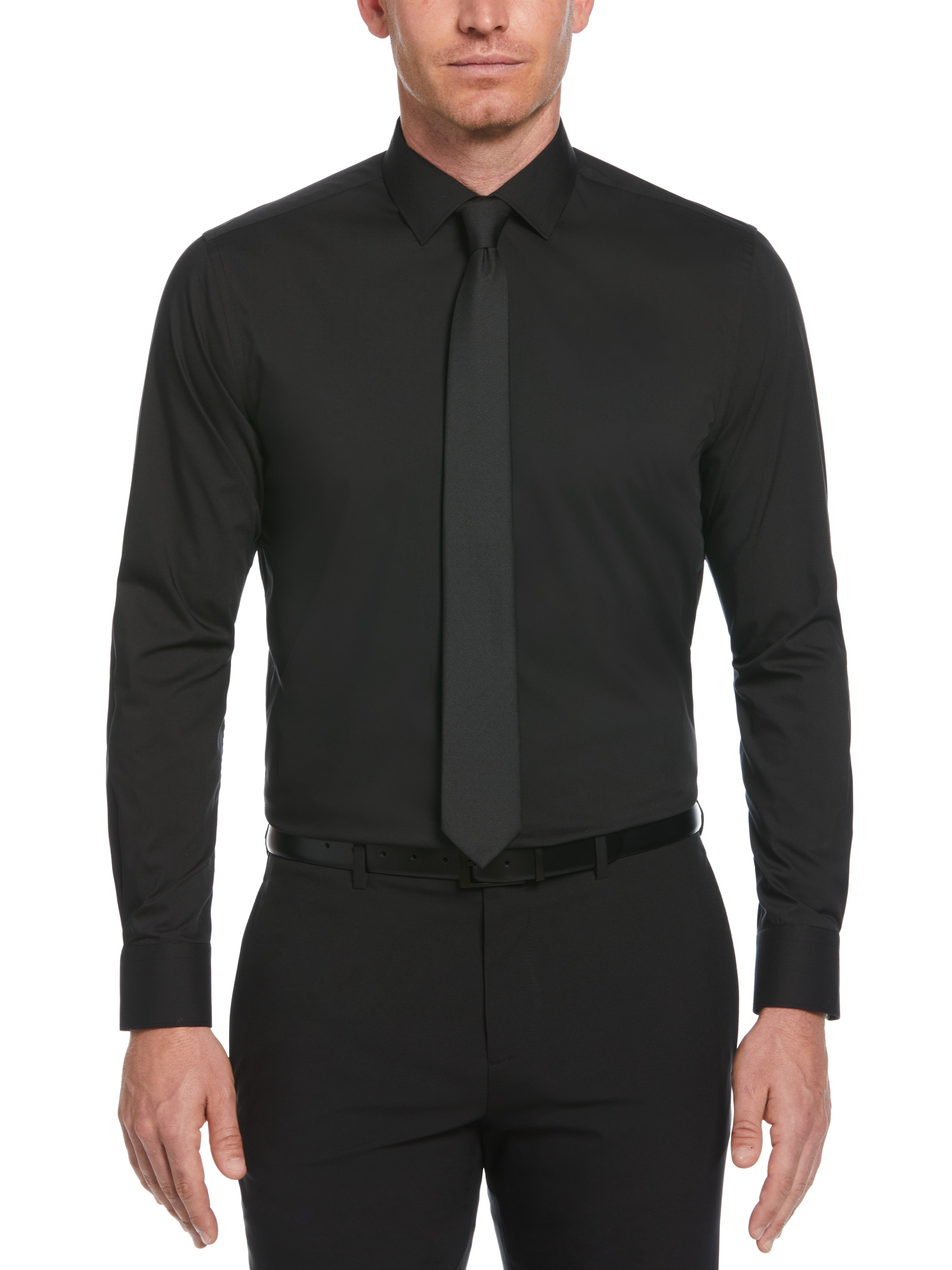 Perry Ellis Outlet Men's Slim Fit Solid Dress Shirt in Black, Size 18.0, Cotton/Polyester/Elastane Long Sleeves