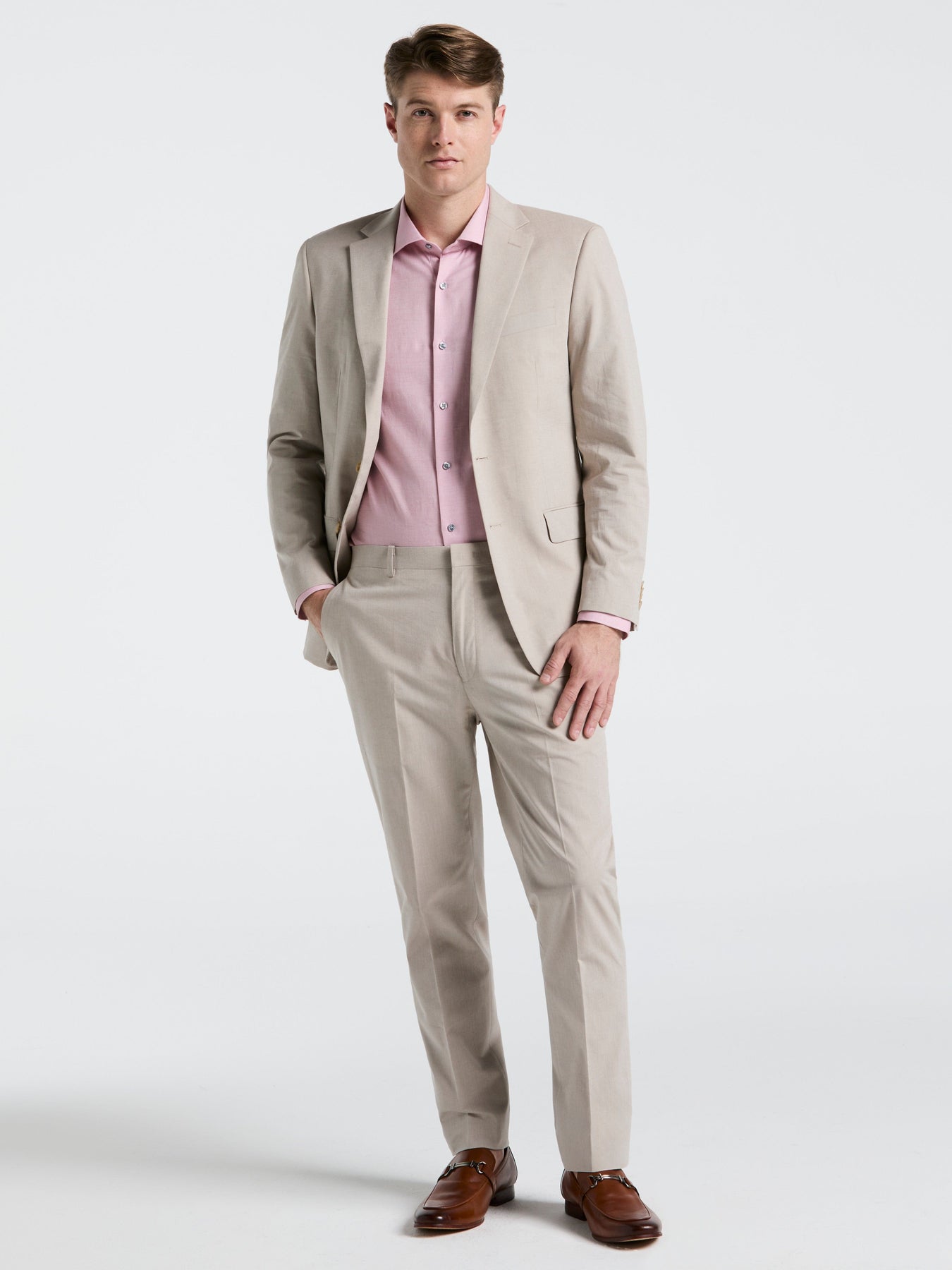 Perry Ellis Outlet Men's Slim Fit Solid Linen Blend Suit Jacket in Sand/beige, Size 48